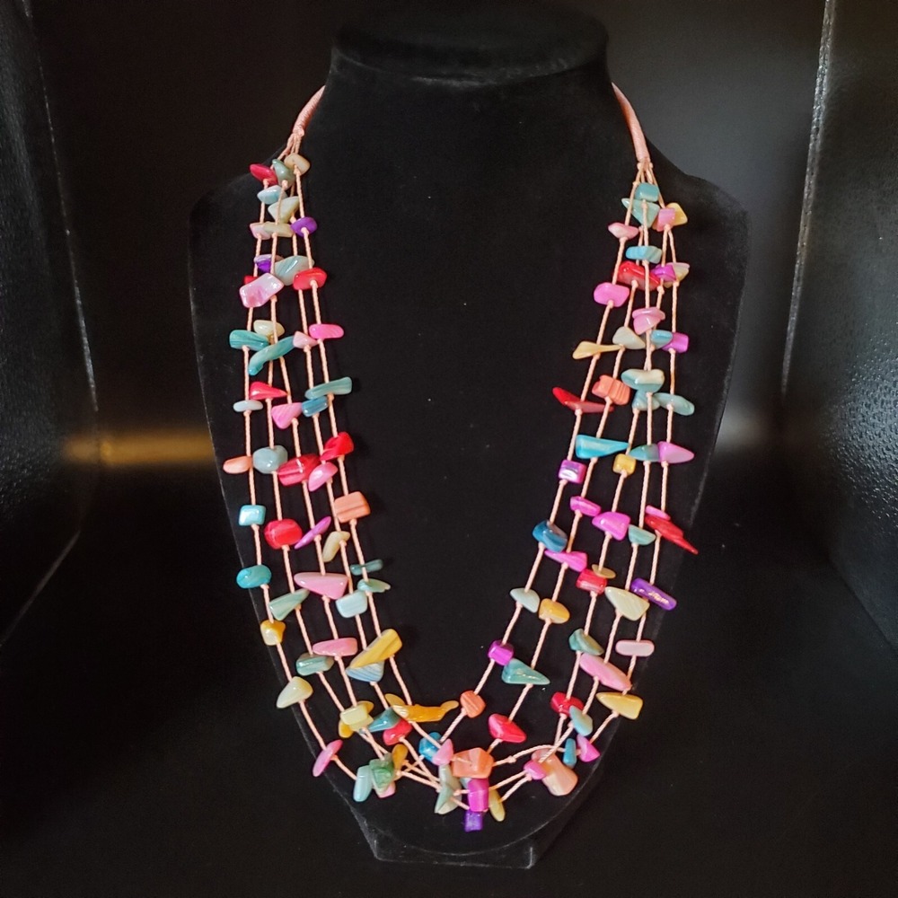 21" Multi Strand/Layered Dyed Shell Necklace Multicolored Boho.‎ Pink. Knotted